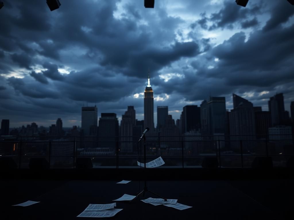 Flick International Abandoned microphone on a debate stage symbolizing unanswered questions about Andrew Cuomo's controversies