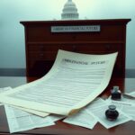 Flick International A partially unrolled legislative bill titled 'America's Financial Future' resting on a wooden desk with surrounding documents on tax cuts and deficit concerns.