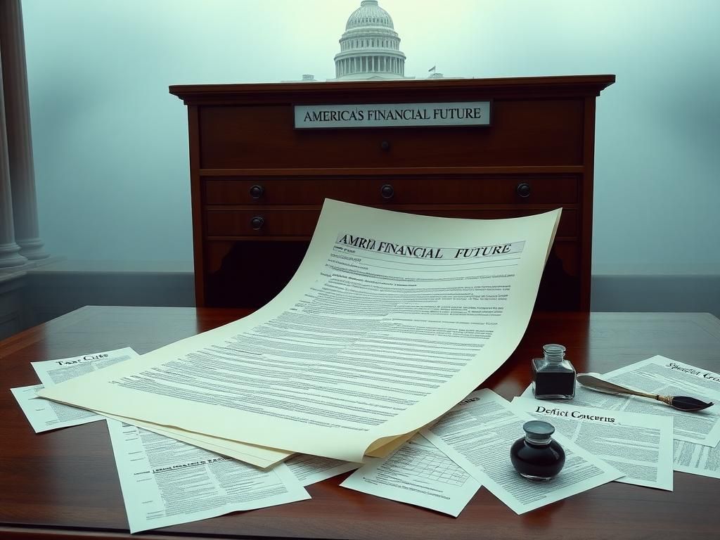 Flick International A partially unrolled legislative bill titled 'America's Financial Future' resting on a wooden desk with surrounding documents on tax cuts and deficit concerns.