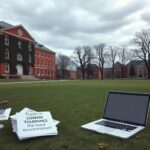 Flick International somber scene of a university campus with historic architecture and symbolic objects representing community and identity