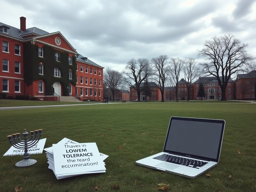 Flick International somber scene of a university campus with historic architecture and symbolic objects representing community and identity