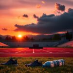 Flick International Sunset over a deserted Oregon high school track showcasing empty podiums and abandoned running gear