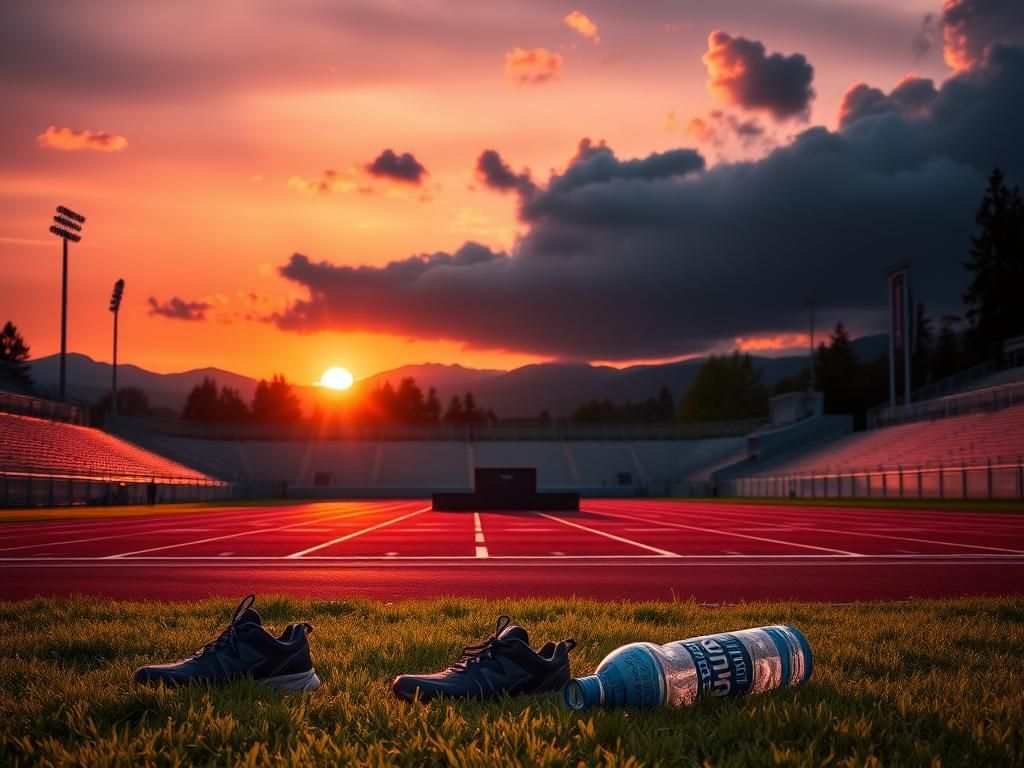 Flick International Sunset over a deserted Oregon high school track showcasing empty podiums and abandoned running gear