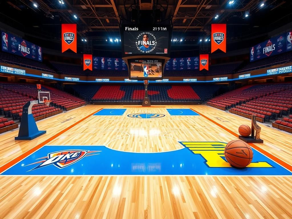 Flick International Vibrant basketball court in a modern arena featuring team colors of the Oklahoma City Thunder and Indiana Pacers