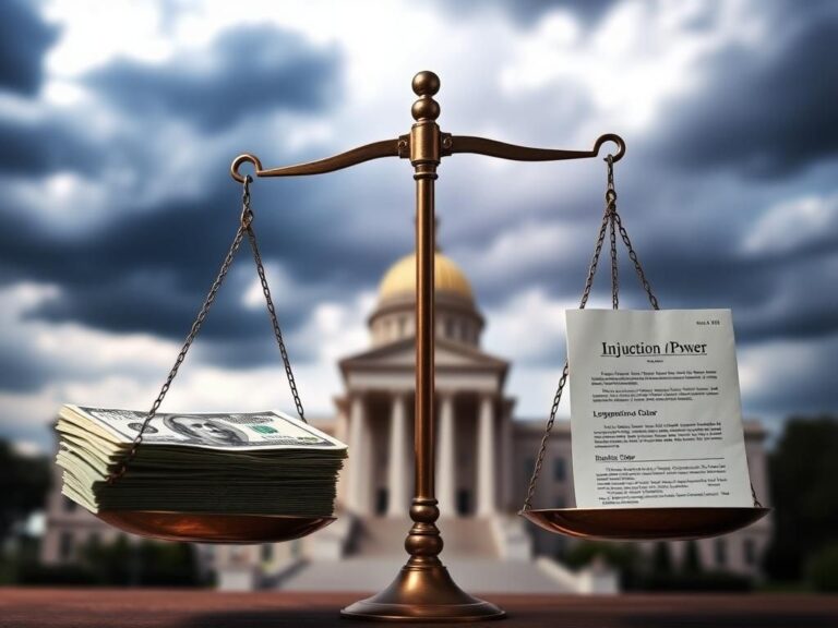 Flick International Scales of justice symbolizing legal battle over federal funding and injunctions