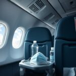 Flick International A cluttered airplane cabin interior with empty seats and a mask on a tray table