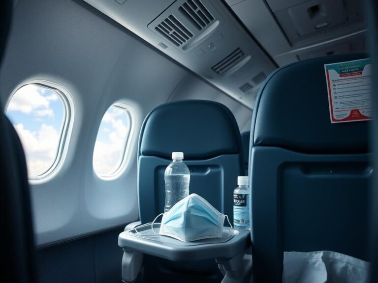 Flick International A cluttered airplane cabin interior with empty seats and a mask on a tray table