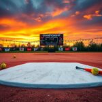 Flick International Empty pitcher's mound at a vibrant softball field with school banners in the background