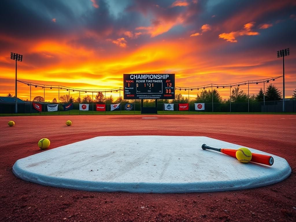 Flick International Empty pitcher's mound at a vibrant softball field with school banners in the background