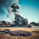 Flick International Aftermath of a house explosion in Missouri with scattered debris and smoke rising