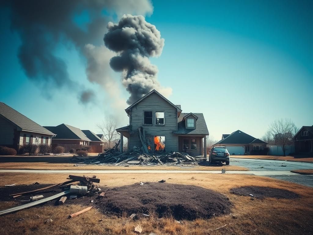Flick International Aftermath of a house explosion in Missouri with scattered debris and smoke rising