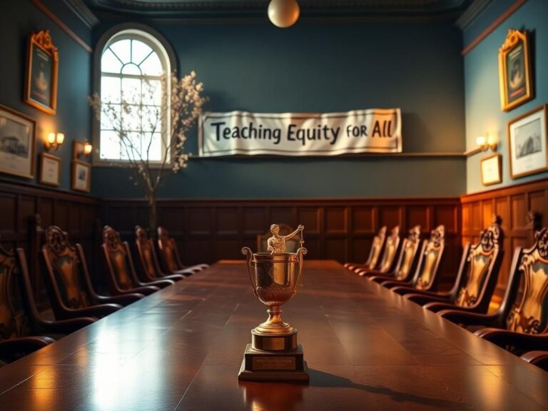 Flick International Conceptual representation of an empty school board meeting room symbolizing justice and resistance against anti-DEI regulations