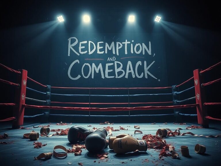 Flick International A boxing ring illuminated by spotlights, featuring worn-out red and blue ropes symbolizing Mike Tyson's struggles.