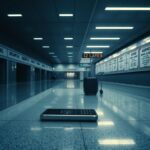 Flick International A dimly lit airport immigration area with an unoccupied officer's desk and an abandoned suitcase