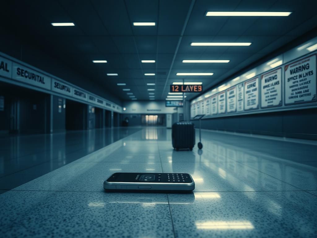 Flick International A dimly lit airport immigration area with an unoccupied officer's desk and an abandoned suitcase