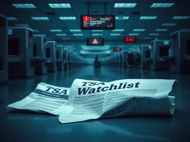 Flick International Deserted TSA security checkpoint with a discarded TSA watchlist document