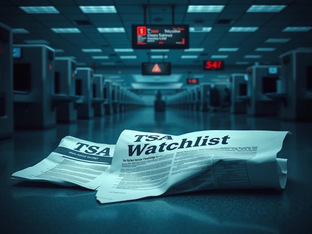 Flick International Deserted TSA security checkpoint with a discarded TSA watchlist document