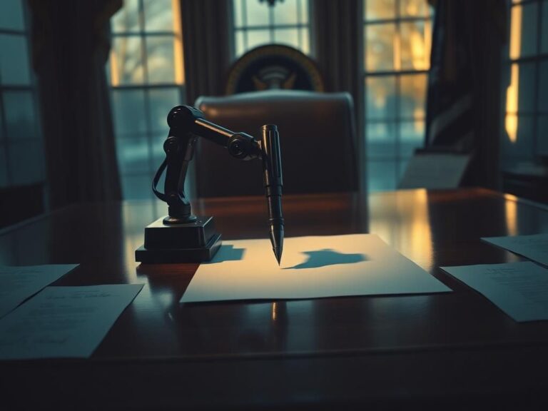 Flick International Close-up of an autopen machine on a polished desk in the Oval Office
