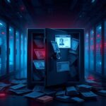 Flick International Digital artwork of a locked safe filled with papers and screens showing personal information in a dimly lit room