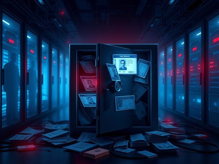 Flick International Digital artwork of a locked safe filled with papers and screens showing personal information in a dimly lit room