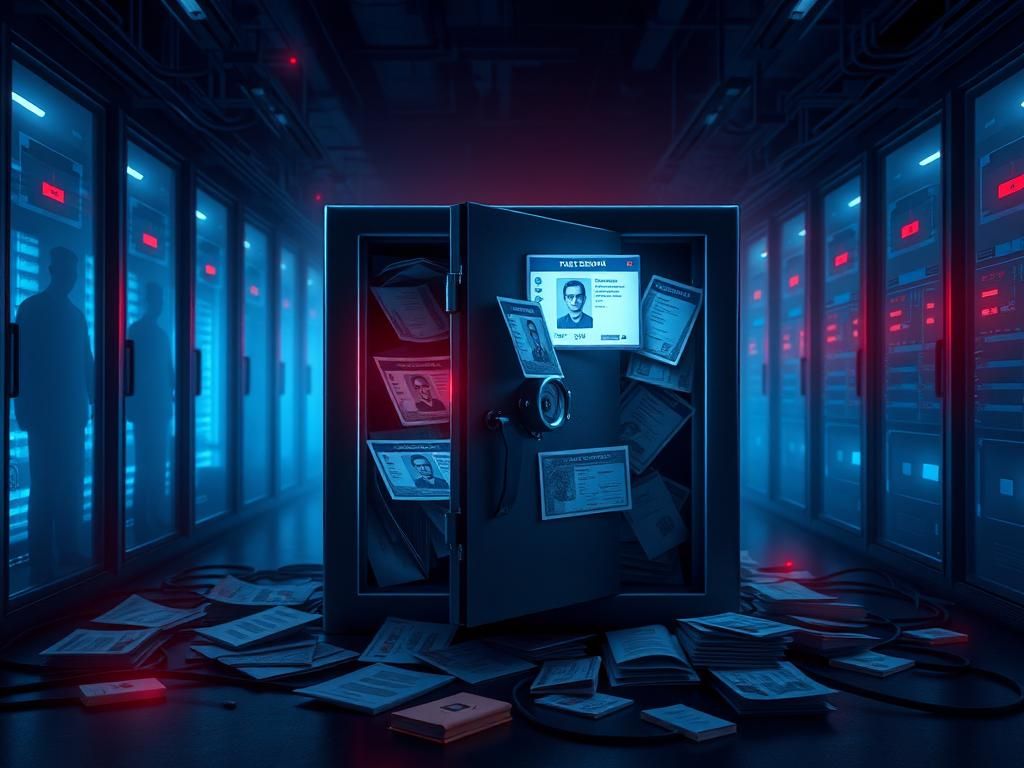 Flick International Digital artwork of a locked safe filled with papers and screens showing personal information in a dimly lit room