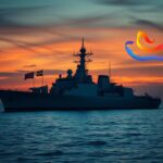 Flick International Naval warship displayed on a calm ocean under a twilight sky