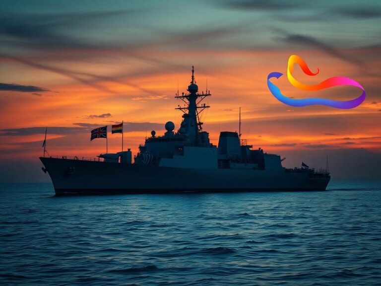 Flick International Naval warship displayed on a calm ocean under a twilight sky