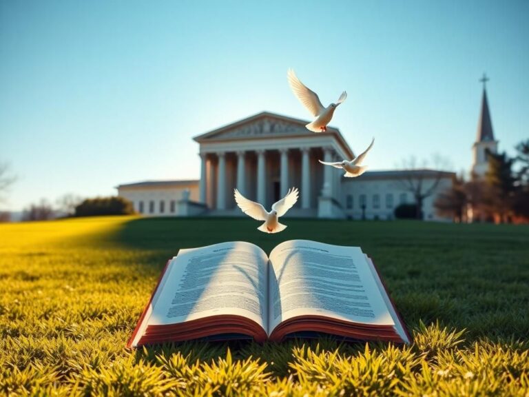 Flick International Supreme Court building with open Constitution book and doves symbolizing faith and freedom