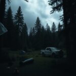 Flick International Dimly lit forest scene depicting a secluded campground in Chelan County, Washington with evidence of a tragic event.