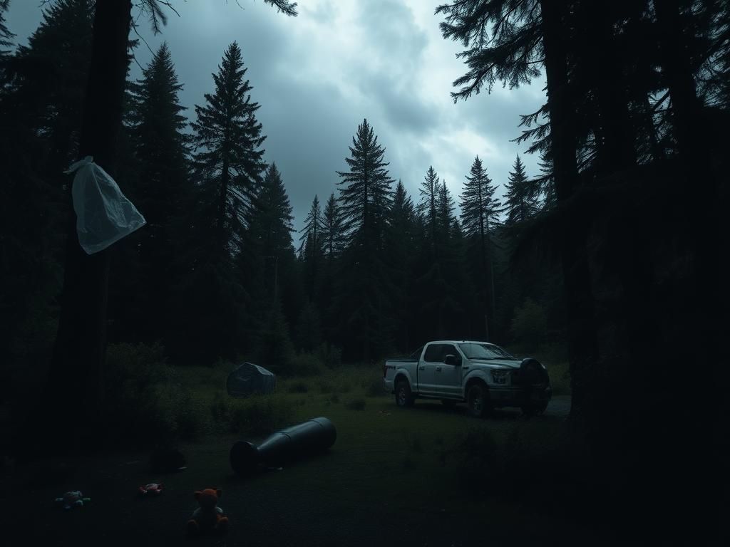 Flick International Dimly lit forest scene depicting a secluded campground in Chelan County, Washington with evidence of a tragic event.