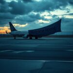 Flick International Empty commercial airplane parked on a desolate airport tarmac at twilight, symbolizing the recent return journey of a Guatemalan man.
