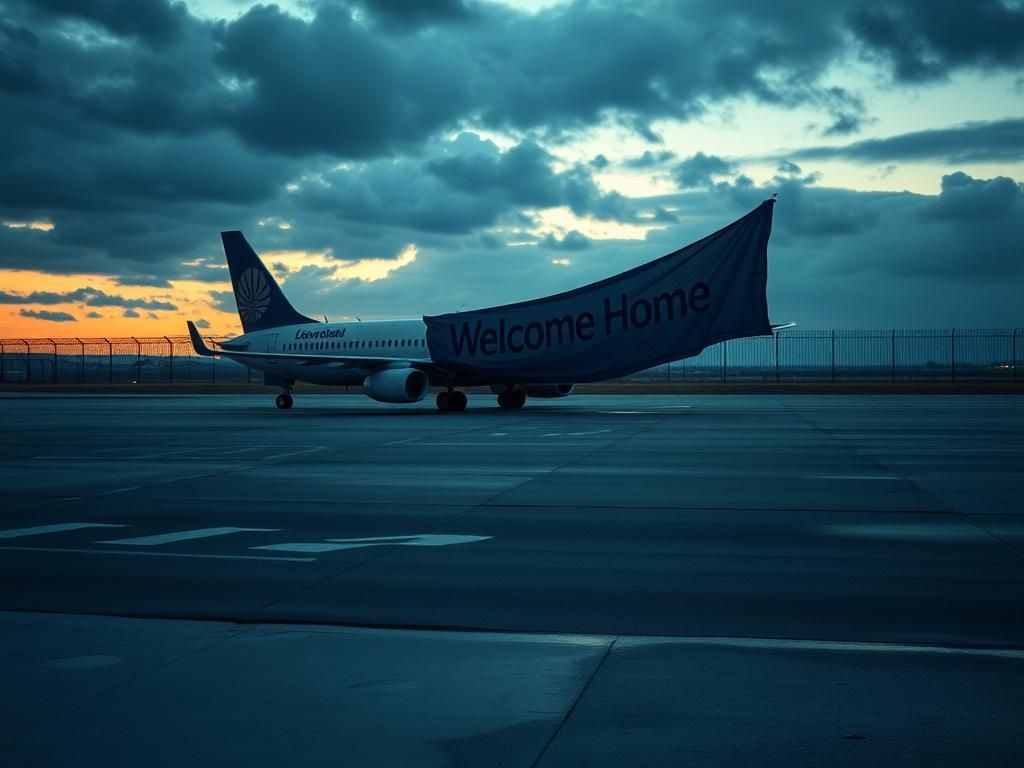 Flick International Empty commercial airplane parked on a desolate airport tarmac at twilight, symbolizing the recent return journey of a Guatemalan man.