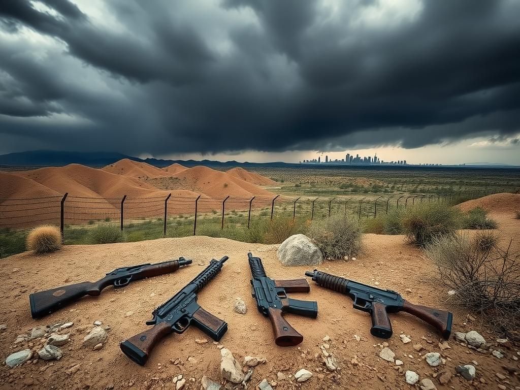 Flick International A desolate border landscape between the U.S. and Mexico with abandoned firearms scattered on dry earth.