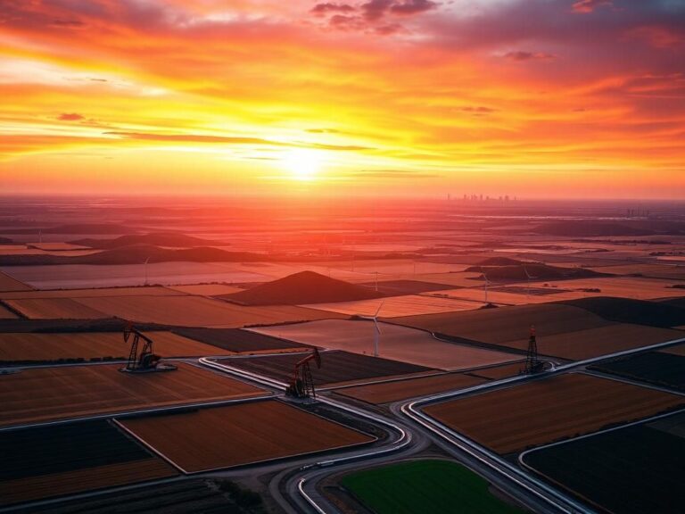 Flick International A dynamic landscape featuring oil rigs and wind turbines in an energy-rich region