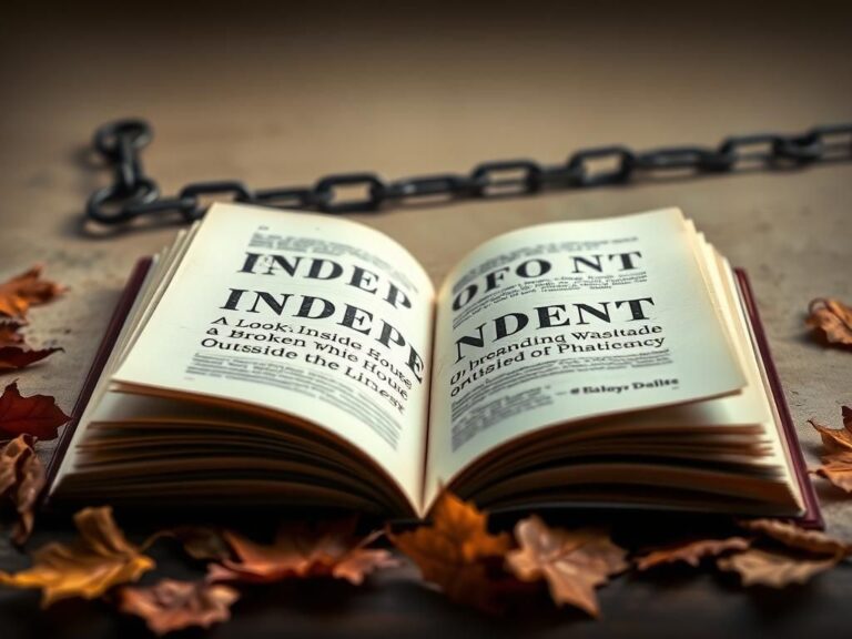 Flick International An open book titled 'Independent: A Look Inside a Broken White House, Outside the Party Lines' on a table surrounded by fallen leaves