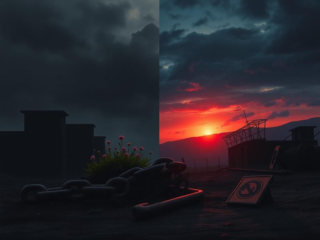 Flick International Dystopian landscape showcasing oppressive structures and symbols of resistance