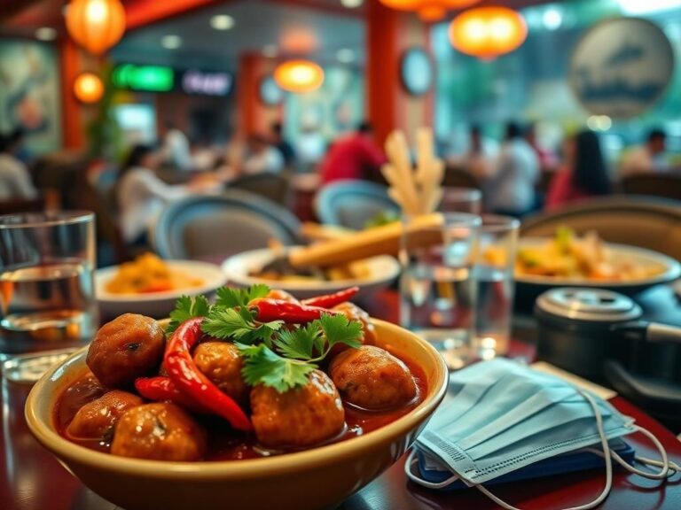 Flick International Close-up of a spicy Thai restaurant dish with meatballs garnished with cilantro and bird's eye chilies