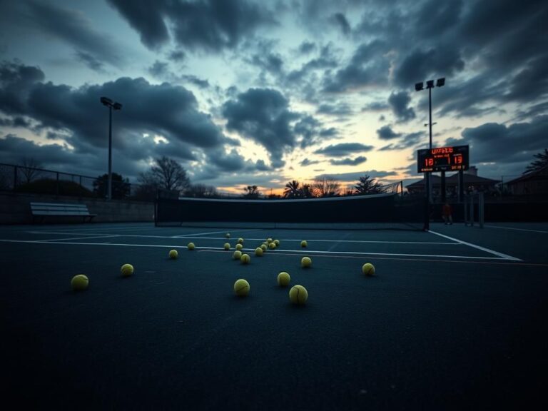 Flick International Dramatic tennis court scene at dusk showing a worn-out surface and empty player bench after a match.