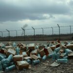 Flick International Humanitarian aid distribution site in Gaza with scattered supplies