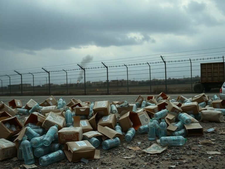 Flick International Humanitarian aid distribution site in Gaza with scattered supplies