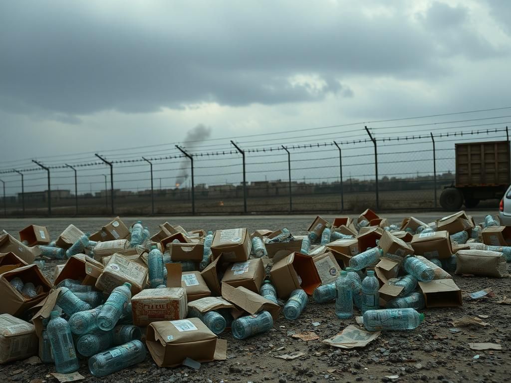 Flick International Humanitarian aid distribution site in Gaza with scattered supplies