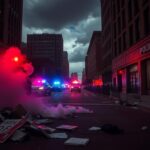 Flick International Aftermath of a protest in Minneapolis with police barricades and debris