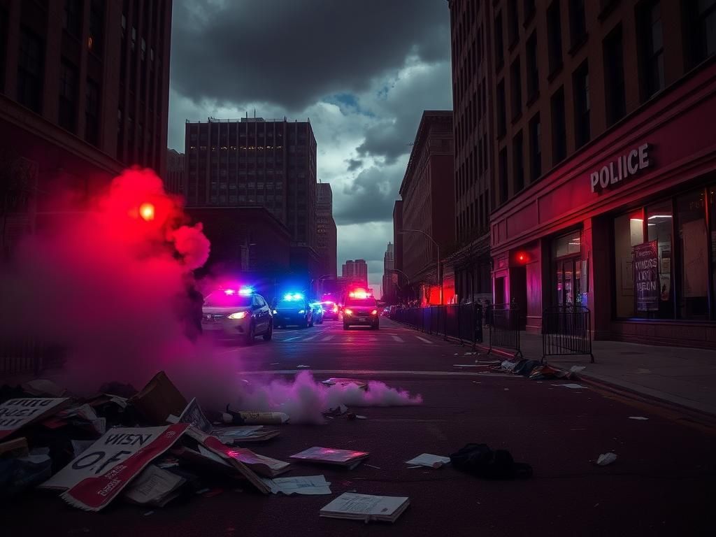 Flick International Aftermath of a protest in Minneapolis with police barricades and debris