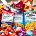 Flick International Close-up of colorful snack packaging with warning labels about ingredients not recommended for human consumption.