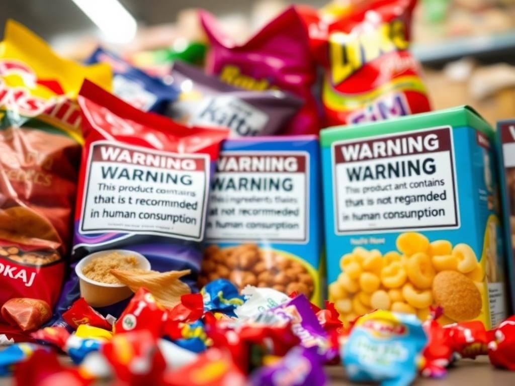 Flick International Close-up of colorful snack packaging with warning labels about ingredients not recommended for human consumption.
