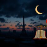 Flick International Cityscape of Paris at dusk with Eiffel Tower under dark clouds