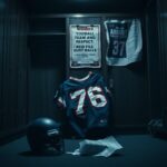 Flick International Dimly-lit football locker room with empty locker and crumpled jersey representing Greg Hardy's legal troubles