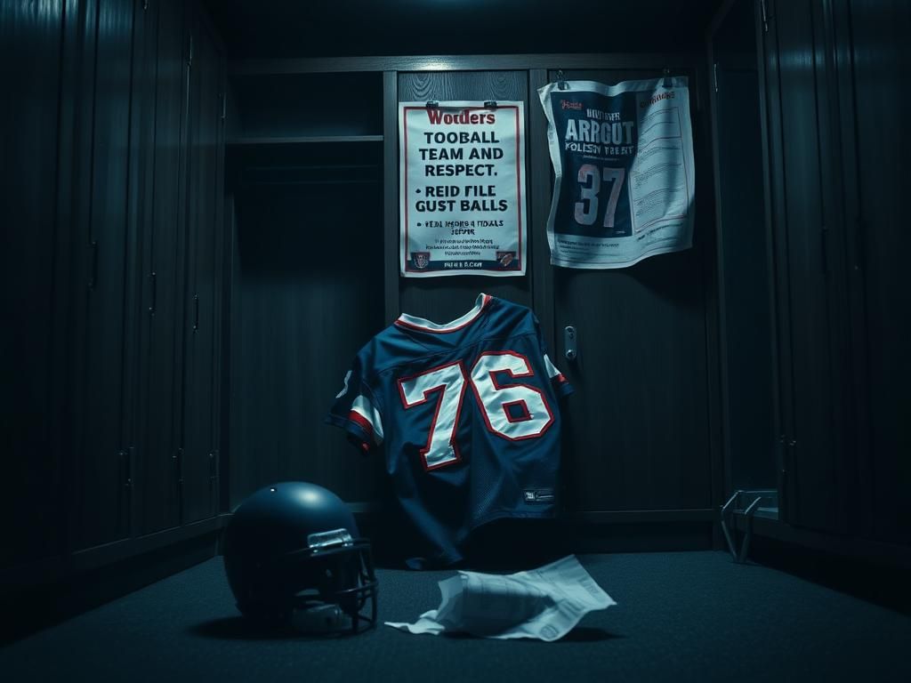 Flick International Dimly-lit football locker room with empty locker and crumpled jersey representing Greg Hardy's legal troubles