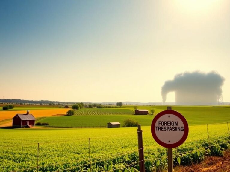 Flick International A vast expanse of American farmland with lush green fields, red barns, and a 'No Trespassing' sign, symbolizing agricultural protection and vigilance against foreign ownership.