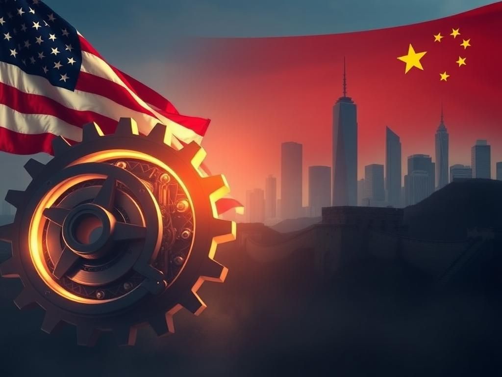 Flick International Conceptual image depicting the clash of American innovation and Chinese economic influence with gears and a vault.